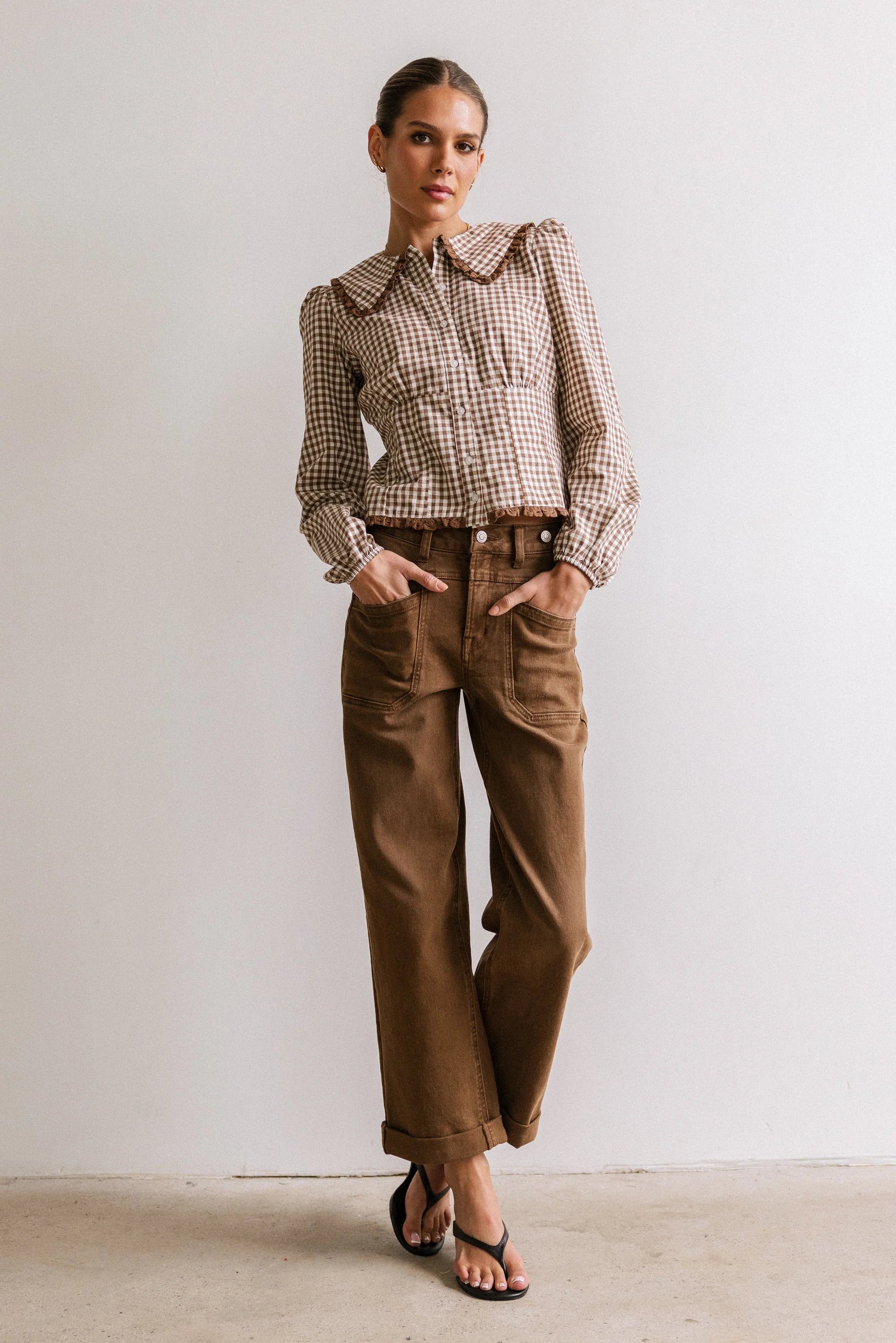 Brenna Gingham Blouse in Mocha