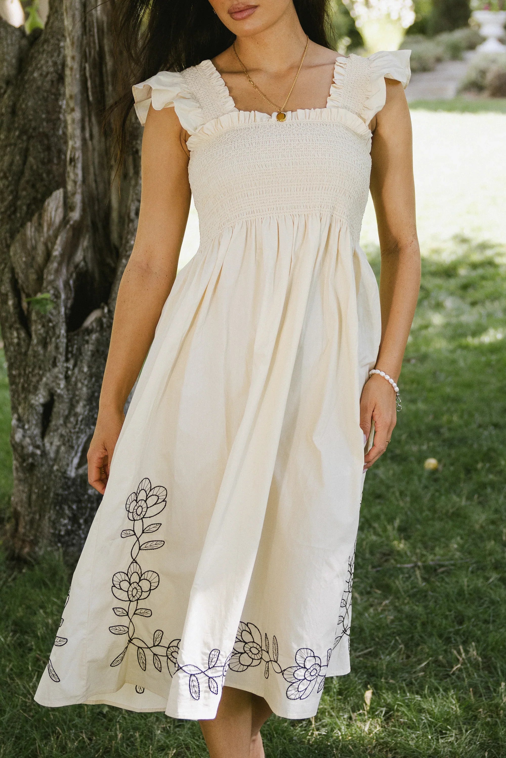Lane Embroidered Midi Dress in Cream