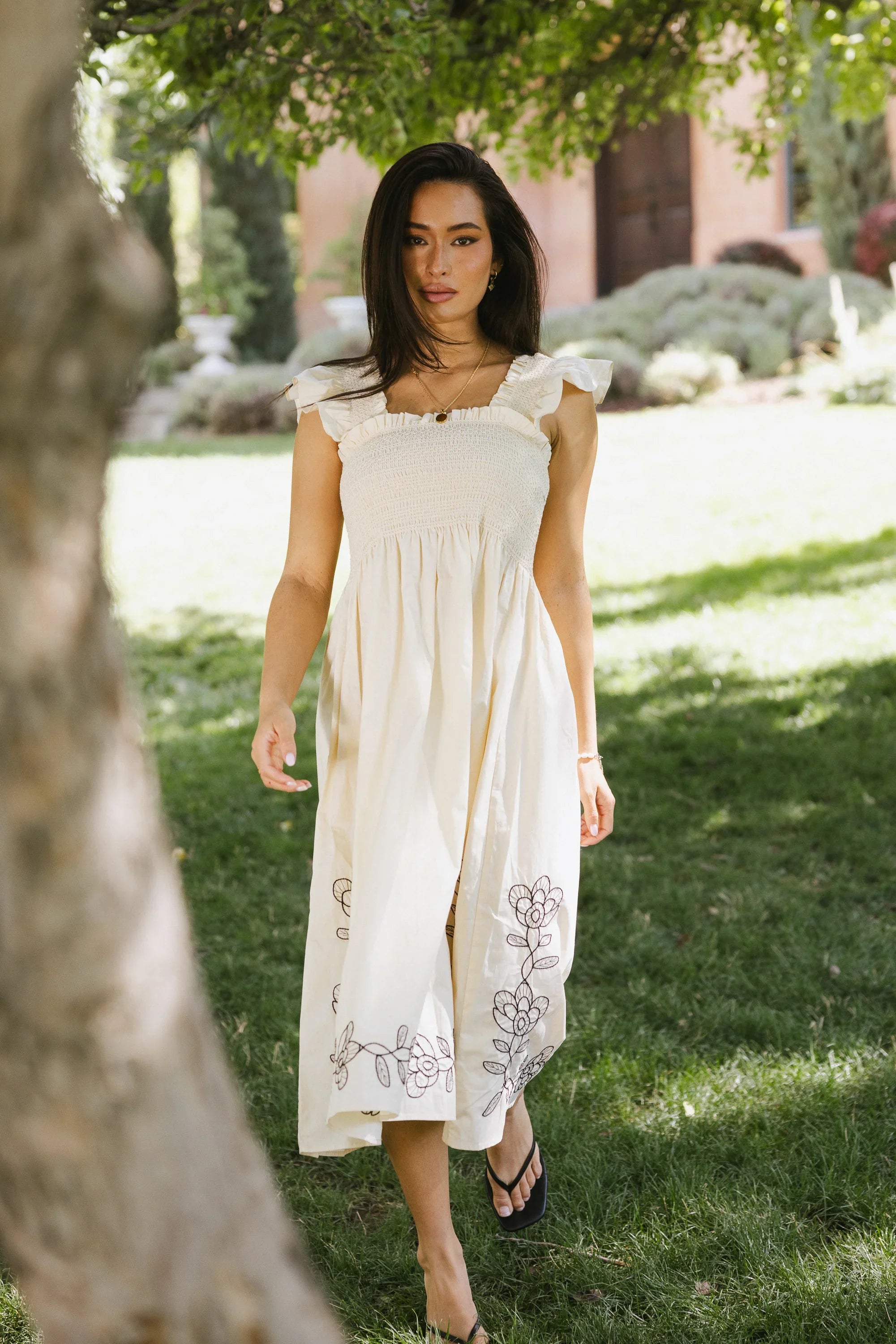 Lane Embroidered Midi Dress in Cream